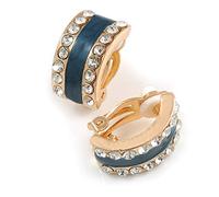 C-Shape Clear Crystal Dark Blue Enamel Clip On Earrings In Gold Tone - 20mm Tall