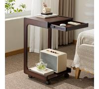 C Shaped Bamboo End Table with Wheels, Space Saving Side Table with Drawer for Living Room, Bedroom, Office