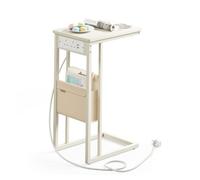 C-Shaped Bedside Table with Charging Station, Cream White