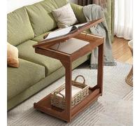 C-Shaped Coffee Table with Wheels, 2-Story Wooden Edge Table for Sofa, Tilting Tabletop, Hidden Storage Space, Reading Table, Suitable for Living Room and Bedroom A,80CM