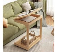 C-Shaped Coffee Table with Wheels, 2-Story Wooden Edge Table for Sofa, Tilting Tabletop, Hidden Storage Space, Reading Table, Suitable for Living Room and Bedroom B,60CM