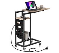 C-shaped Couch Side Table with Charging Station Rolling Bedside Table
