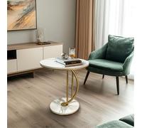 C Shaped Half Moon Round Sintered Stone Slab/Metal End Coffee Sofa Bed Side Centre Table With Metal Legs (White/Gold) Hygrad Built to Survive White One Size