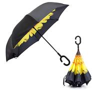 C Shaped Handle Double Layer Umbrella Anti-UV Folding Inverted Upside Down Rever Parasol Patio Umbrella Crank Handle Tilt Outdoor Sun Shade Automatic Open Golf Large Vented Canopy Waterproof Windproof