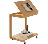 C Shaped Side Table with Rolling Wheels, Adjustable Angle Desktop, Solid Wood Mobile Coffee Table for Small Spaces, Bedroom or Living Room