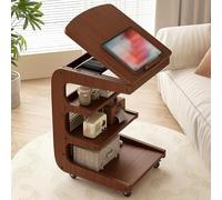 C Shaped Side Table with Wheels, 3 Layer Storage Mobile Rack with Adjustable Angle Panel for Living Room and Bedroom, Compact Wood Design