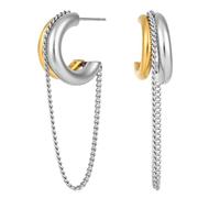 C-Shaped Silver Tassel Chain Hoop Earrings, Trendy Two-Tone Gold and Silver Mixed Metal Dangling Chain Drop Earrings Fringe Jewelry for Women Fashion Jewelry Gift