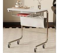 C-Shaped Sofa Side Table with Metal Frame and Storage Basket, Small Couch End Tables on Wheels for Living Room, Sliding Design, Walnut Finish