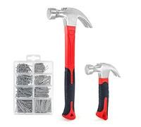 C&T 2 Piece Hammer Set,8oz Stubby Claw Hammer With Magnetic Nail Starter & 16oz Fiberglass General Purpose Claw Hammer & 560pcs Hardware Nail Assortment Kit, Soft Nonslip Handle & Heat Treated Head