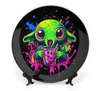 C-thulhus Aliens Bubble Tea Bone China Decorative Plate Ceramic Wall Dinner Plates with Display Stand for Home Kitchen Decor 7inch