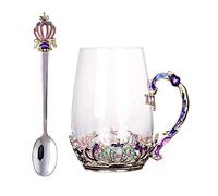C&Z Enamel Glass Mug Butterfly Flower Lead-Free Drinking Tea Cup Coffee Mugs with Steel Spoon Set for Women Birthday Valentines Wedding Day Gifts Purple