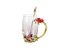 C&Z Enamel Glass Mug Butterfly Flower Lead-Free Drinking Tea Cup Coffee Mugs with Steel Spoon Set for Women Birthday Valentines Wedding Day Gifts Red