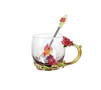 C&Z Enamel Glass Mug Butterfly Flower Lead-Free Drinking Tea Cup Coffee Mugs with Steel Spoon Set for Women Birthday Valentines Wedding Day Gifts Red