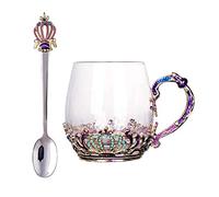 C&Z Enamel Glass Mug Butterfly Flower Lead-Free Drinking Tea Cup Coffee Mugs with Steel Spoon Set for Women Birthday Valentines Wedding Day Gifts Purple