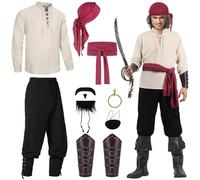C063-XXL Men's Pirate Costume 8-Piece Medieval Clothing Set Renaissance Viking Pirate Costume Trousers Shirt with Accessories Eye Patch Headscarf Belt Arm Guard Gold Earring Artificial Beard for