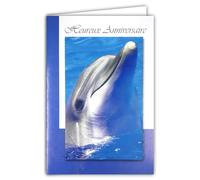 C1050/1 Happy Birthday Card with Beige Envelope - Smiling Dolphin Taking Its Head Out of the Blue Turquoise Sea Ocean - Card that Opens on a White Interior to Write Your Message