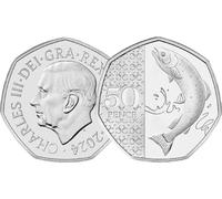 C1BLY's 2024 King Charles III 50p Commemorative Coin, Atlantic Salmon Design, Royal Mint, Brilliant Uncirculated