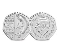 C1BLY's 2025 King Charles III 50p Commemorative Coin, Atlantic Salmon Design, Royal Mint, Brilliant Uncirculated