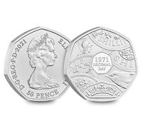 C1BLY's Royal Mint Queen Elizabeth ii Commemorative Royal Mint 50p Coin, 50th Anniversary of Decimal Day Machin Portrait, Brilliant Uncirculated Sealed Pack, 2021