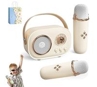 C20 Mini Karaoke Machine - 2 Wireless Microphones, Retro Speaker Set With Stereo Sound for Party (2 Mic, Beige)