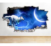 C231 Wolf Night Moon Fantasy Cool Smashed Wall Decal 3D Art Stickers Vinyl RoomKids Bedroom Baby Nursery Cool Livingroom Hall Boys Girls