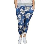 c2pwear Womens Elasticated Waist Turn Up Italian Trousers Side Pocket Drawstring Summer Pants (Dark Denim Grey Scale Floral UK 12-14)