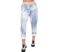c2pwear Womens Floral Rose Printed Denim Pants Turn Up Italian Trousers Ladies Ribbed Waistband Drawstring Pants Stone Wash UK 24