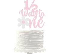C322 Daisy 1/2 Way to One Cake Topper Glitter Happy 6 Months Birthday Cake Pick 1/2 Half Birthday Cake Decoration Flower Theme Baby Shower Girls Half Birthday Party Supplies Light Pink