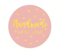 CAA Trading™ 100 x Pink Handmade with Love Heart Stickers Gold Lettering Labels Gifts Crafts Presents Home Made Gifts (2.5cm) 25mm (100 Stickers)
