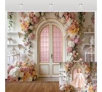 Caaerttply 10x8ft Pink Flowers Door Photography Backdrop Elegant Floral House Bridal Shower Wedding Background Women Child Girl Princess Birthday Party Portrait Decoration Banner Photobooth Supplies