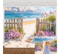 Caaerttply 10x8ft Summer Beach Flowers Backdrop Blue Sky Wave Background Family Vacation Travel Background Children Birthday Party Wedding Decoration Banner Photo Booth Studio Props