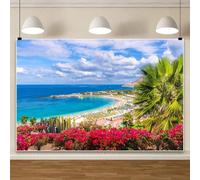 Caaerttply 10X8ft Summer Tropical Hawaii Beach Photography Backdrop Blue Coastal Vacation Pink Flower Palm Tree Scenary Background Photo Backdrop Wedding Birthday Party Photo Studio Props