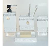 CAAHANJIA Bathroom Accessories Set 4 Pcs-Ceramic Gift Soap Dispenser Pump & Toothbrush Holder Tumbler Cup Dish - Home Decor Clearance, Countertop Vanity Organize(White) (White05), JS52605