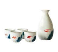 Caalio Japanese Sake Set - Porcelain Sake Tokkuri Bottle 8 fl oz and Four Sake Ochoko Cups 2 fl oz Sake Cups Soju Tea Set(Goldfish)