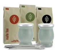 caámate. Mate Tea Set Organic ● 3 Mates + 2 Double-Walled Stainless Steel Mate Cups + 2 Bombillas + Preparation Instructions (Green)