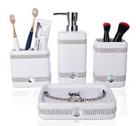 CAA'S Bathroom Accessories Set Ceramic 4 Pieces Bathroom Ensemble for Bath Decor Includes Lotion Dispenser Toothbrush Holder Tumbler Soap Dish (White Inlaid Zircon)