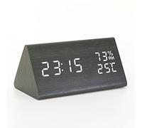 CaaWoo Digital Alarm Clock,LED Wood Digital Alarm Table Clock Date Temperature Humidity Display 12 / 24Hours,Adjustable brightness,3 Alarm Settings,Voice & Touch Activated