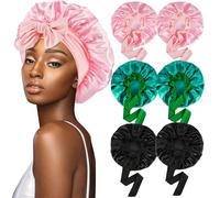 Cabaubl 6 Pcs Silk Bonnet for Sleeping, Large Satin Bonnet, Women Hair Bonnet with Tie Band, Large Bonnet Night Sleep Cap for Women Curly Hair, Black, Pink, Light Green