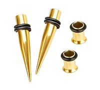 CABBE KALLO 316L Surgical Steel Ear Gauge Stretching Kit, Tapers and Tunnels Set, 14G-00G Sizes, Hypoallergenic Single Flare with O-Rings for Body Piercing (Gold Tone, (Gauge:2G(6mm)))