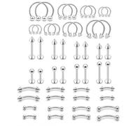 CABBE KALLO 48PCS 16G Body Piercing Jewelry Set, 316L Surgical Stainless Steel Lip Rings, Labret Studs, Horseshoe Rings, Curved Barbells and Eyebrow Rings, Silver, 6mm 8mm 10mm 12mm