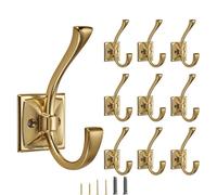 CABDM 10 Pack Decorative Heavy Duty Towel Hooks for Hanging Robe Double Brushed Brass Coat Hooks Wall Mounted with Screws for Key, Towel, Bags, Cup, Hat