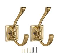 CABDM 2 Pack Decorative Heavy Duty Towel Hooks for Hanging Robe Double Brushed Brass Coat Hooks Wall Mounted with Screws for Key, Towel, Bags, Cup, Hat