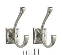 CABDM 2 Pack Decorative Heavy Duty Towel Hooks for Hanging Robe Double Satin Nickel Coat Hooks Wall Mounted with Screws for Key, Towel, Bags, Cup, Hat