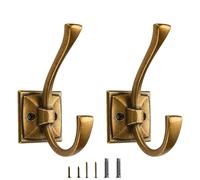 CABDM 2 Pack Decorative Heavy Duty Towel Hooks for Hanging Robe Double Vintage Antique Brass Coat Hooks Wall Mounted with Screws for Key, Towel, Bags, Cup, Hat