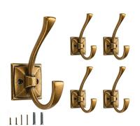 CABDM 5 Pack Decorative Heavy Duty Towel Hooks for Hanging Robe Double Vintage Antique Brass Coat Hooks Wall Mounted with Screws for Key, Towel, Bags, Cup, Hat