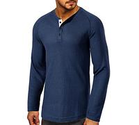 Cabeen Mens Casual Long Sleeve Waffle Henley T-Shirts Round Neck 3 Button Placket Top Blue