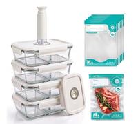 CABIBOX Vacuum Sealer & Food Storage Container for Food, Handheld Vacuum Pump For Glass Vacuum Storage Containers|2 compartment L [34.5 Oz-4 PACK] & 10 Reusable Food Saver Sealer Bags [8.5 Cups]