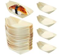 Cabilock 100PCS Wooden Sushi Serving Tray Plate Japanese Sashimi Dishes Food Container Take Out Trays for Restaurant Home Weddings Parties 14cmx8cm