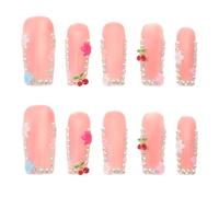 Cabilock 10pcs Decorative Nail Art Cherry Rhinestones and Flower Patterns Reusable Press Nails for Women's Manicure Decor for Party and Daily Use