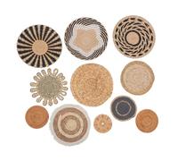 Cabilock 11pcs Handmade Boho Wall Decor Round Flat Woven Grass Wall Panels White Tassels Macrame Tapestry Pendant for Living Bedroom